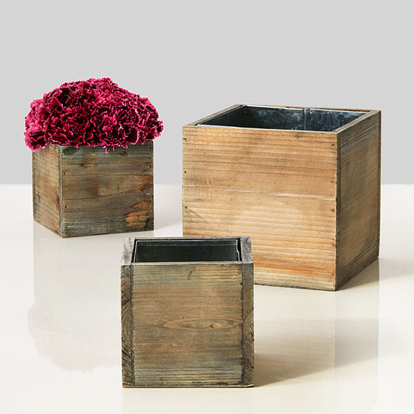 aged pine wood cubes with carnations in fall colors