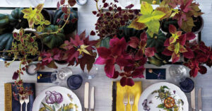 squashes with potted coleus and sweet potato vine in trays thanksigiving tablescape martha stewart living