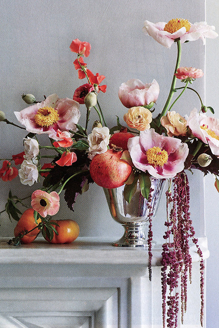 peony wedding bouquets centerpieces idea with peonies, pomegranates, and almond branches in a silver bowl