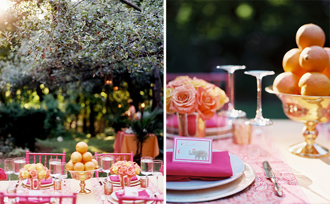 For this hot-pink-and-mango fete, Ross created pyramids of oranges in our Brass Urn as centerpieces.