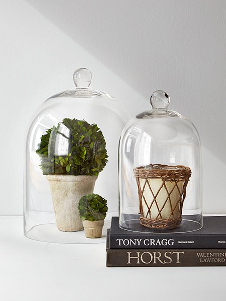 glass cloche with boxwood topiary scented candle fall decor