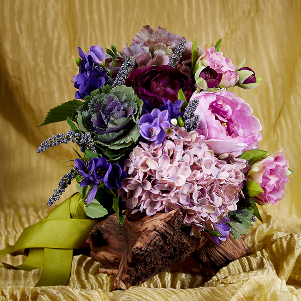 purple hydrangea freesia ranunculus peony wedding bouquet