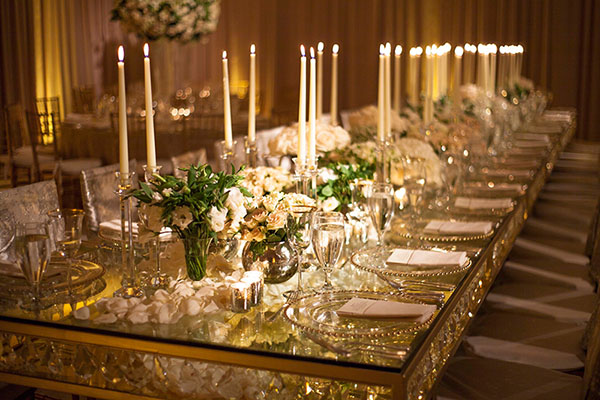 gold glass crystal candlesticks wedding tent tablescape winter wedding decor ideas