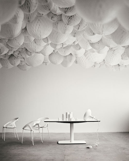 white winter wedding decor ideas ceiling with paper orbs