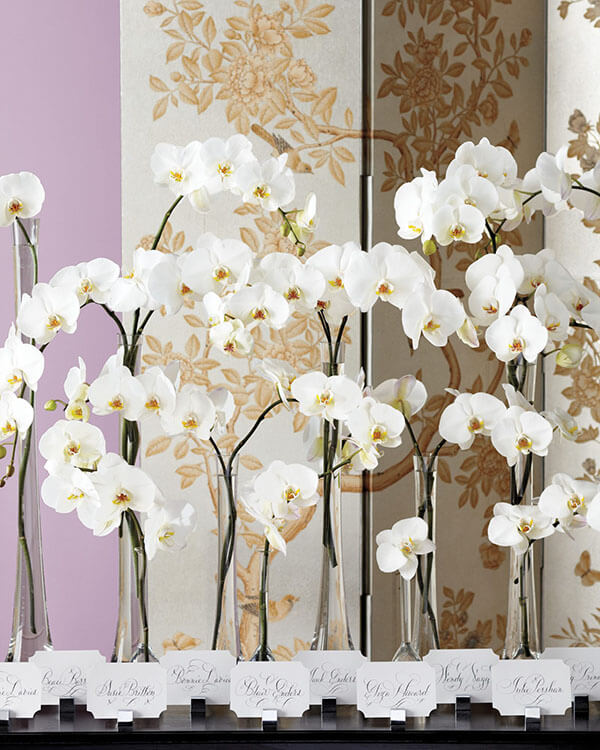 silk wedding flowers guide escort card table with white phalaenopsis orchids in bud vases from martha stewart weddings