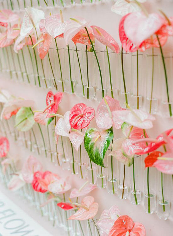 a flower wall of pink anthuriums with guests names as escort cards