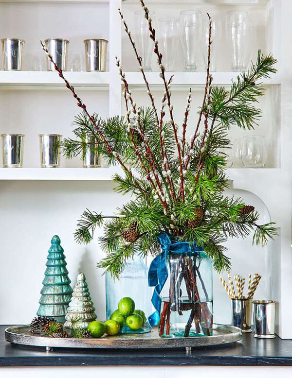 holiday trayscaping home idea tabletop christmas trees pine branches 