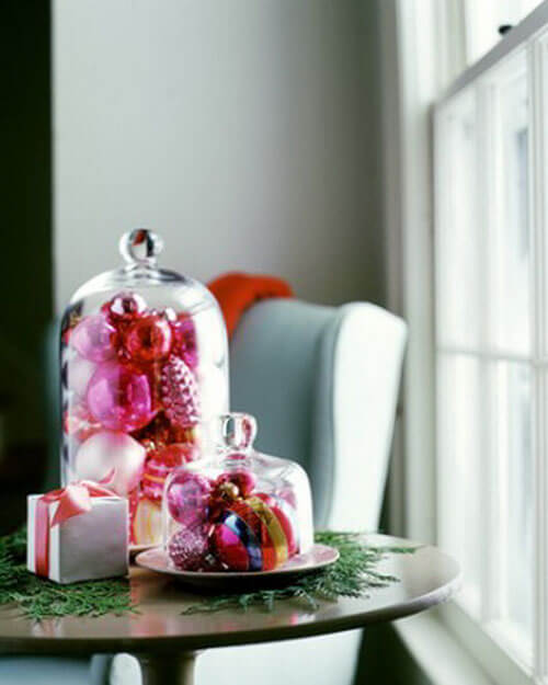 glass christmas ornaments under glass bell jar