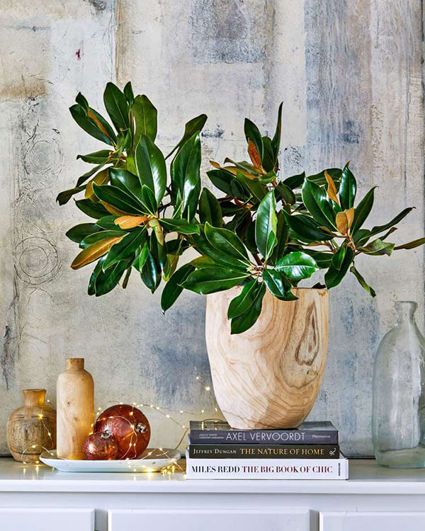 magnolia branches in wood vase with fairy lights for reimagined christmas decor